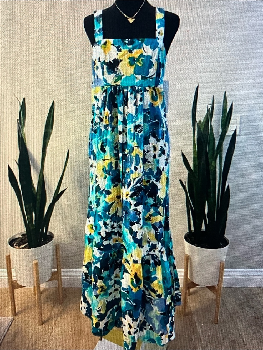 London Times Blue Teal Yellow Floral Maxi Dress
